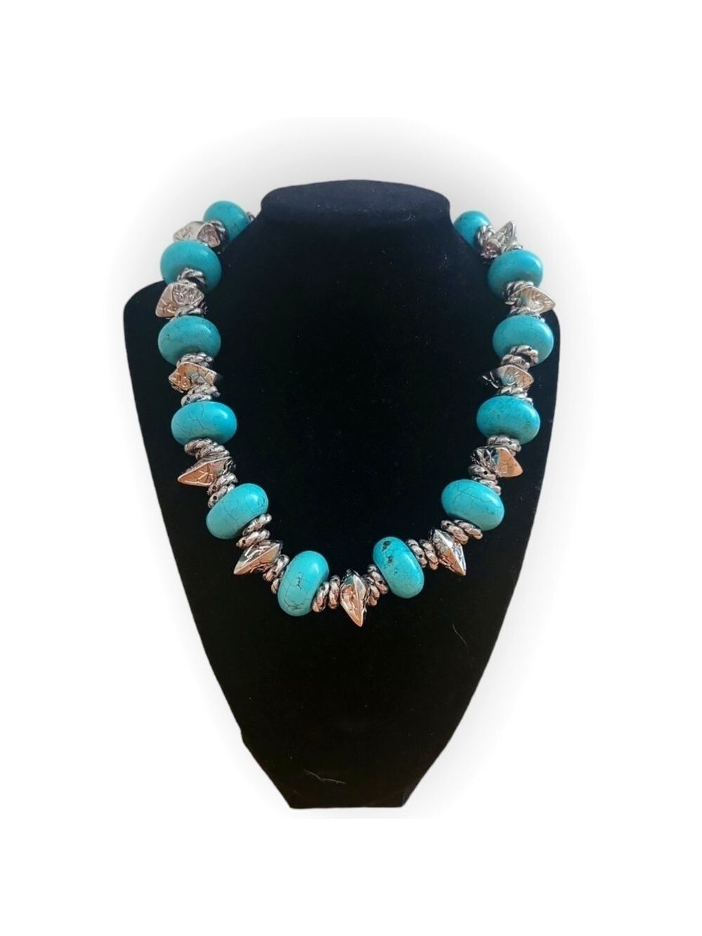 Turquoise Tone Beaded Statement Necklace Silver Tone